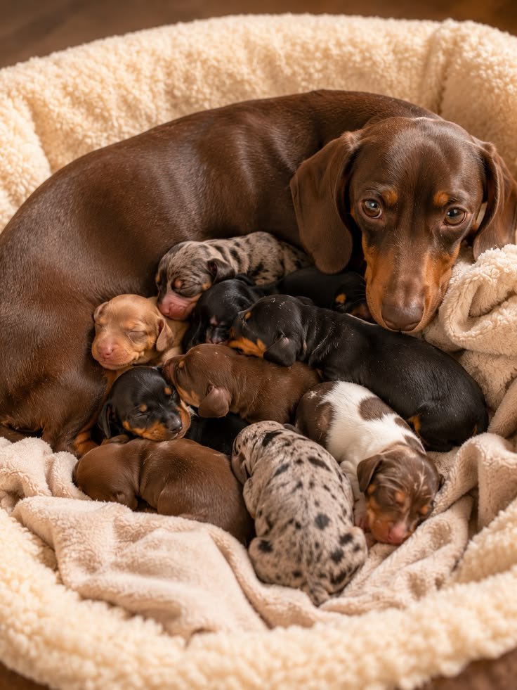 Sheryl with her newborn Dachshund puppies